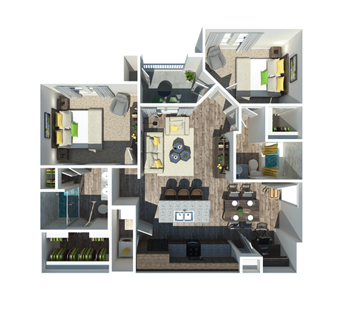 Floor plan for 2 beds, 2 baths, 990 sqft